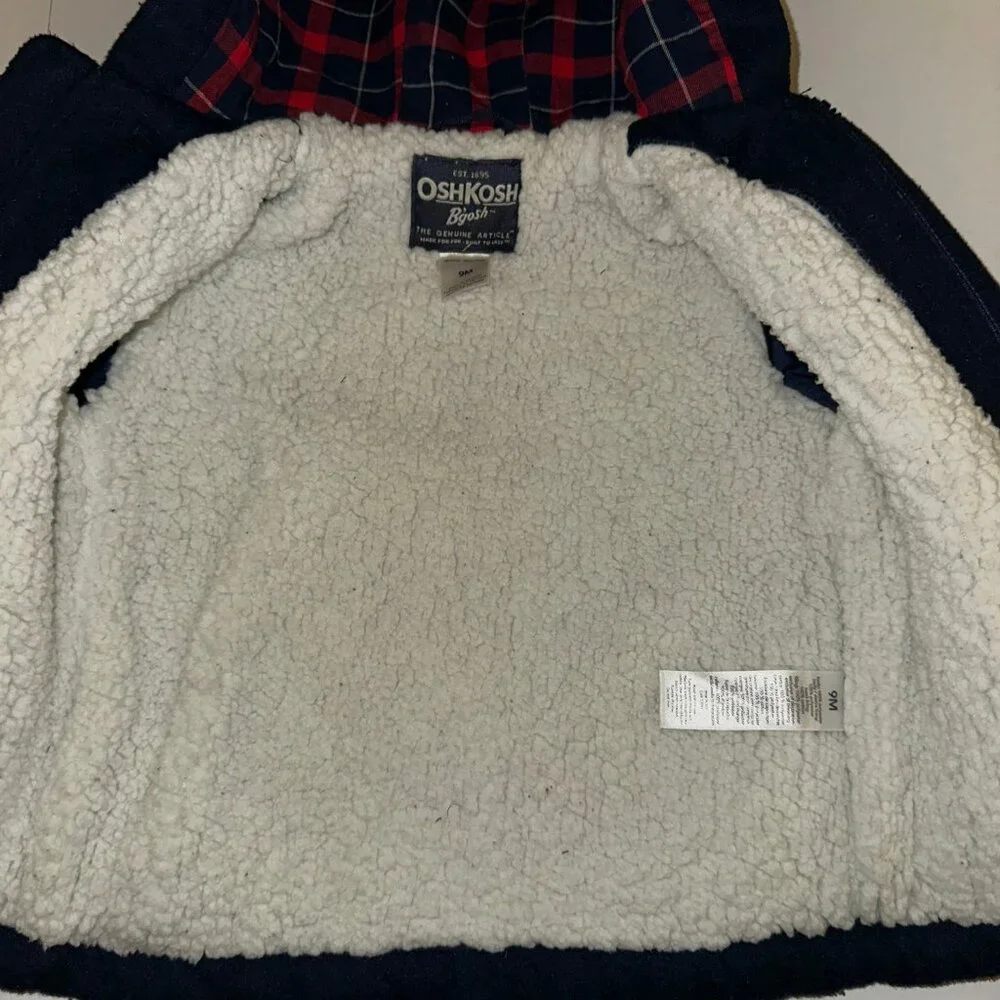 Kids Oshkosh Osh Kosh B'Gosh Toggle Jacket Coat 9m months NAVY plaid sherpa